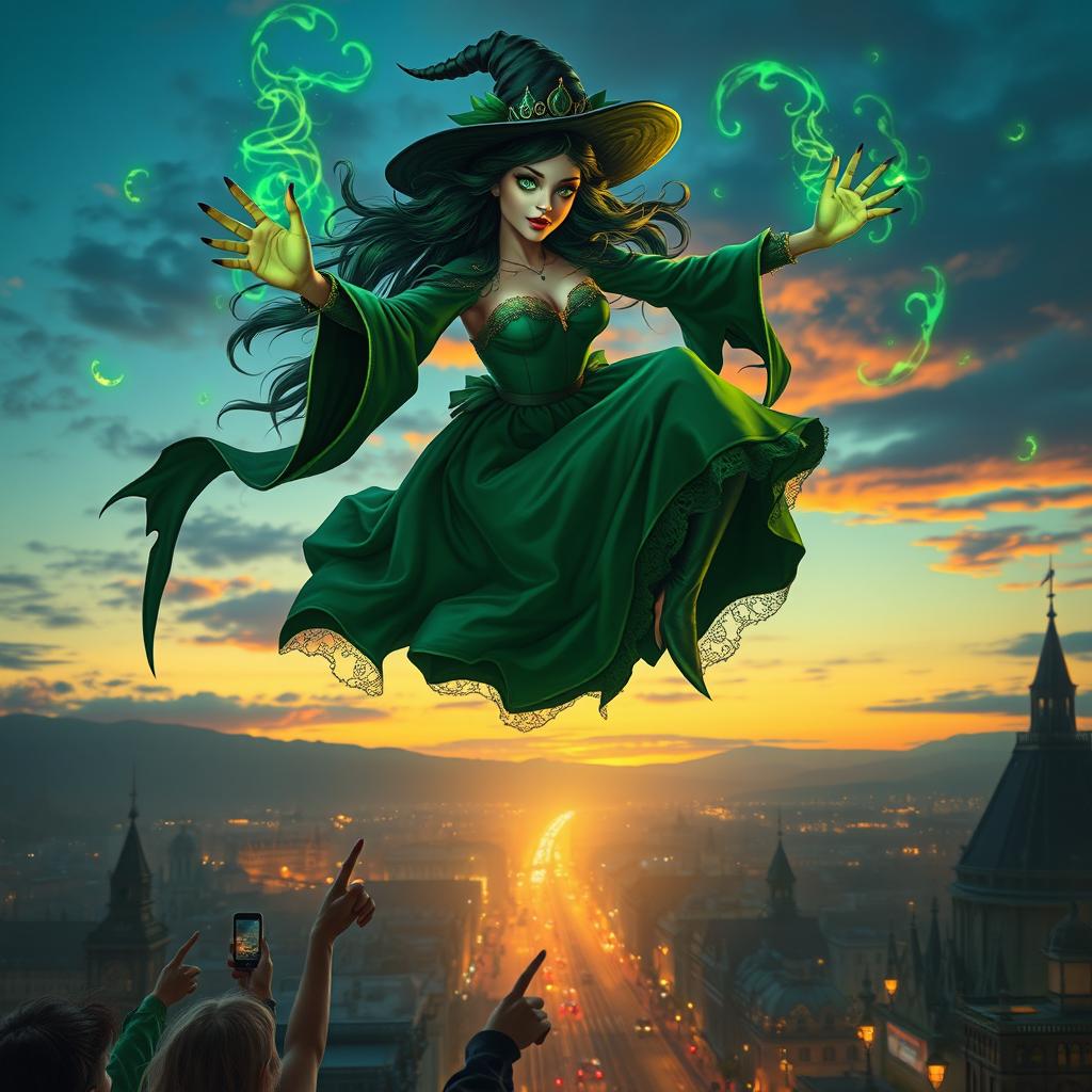 A stunningly realistic scene of a witch flying majestically over a city at twilight