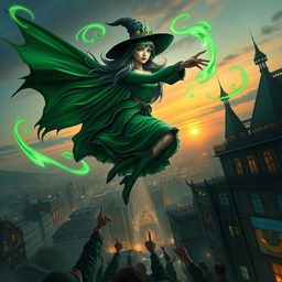 A stunningly realistic scene of a witch flying majestically over a city at twilight