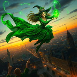 A stunningly realistic scene of a witch flying majestically over a city at twilight