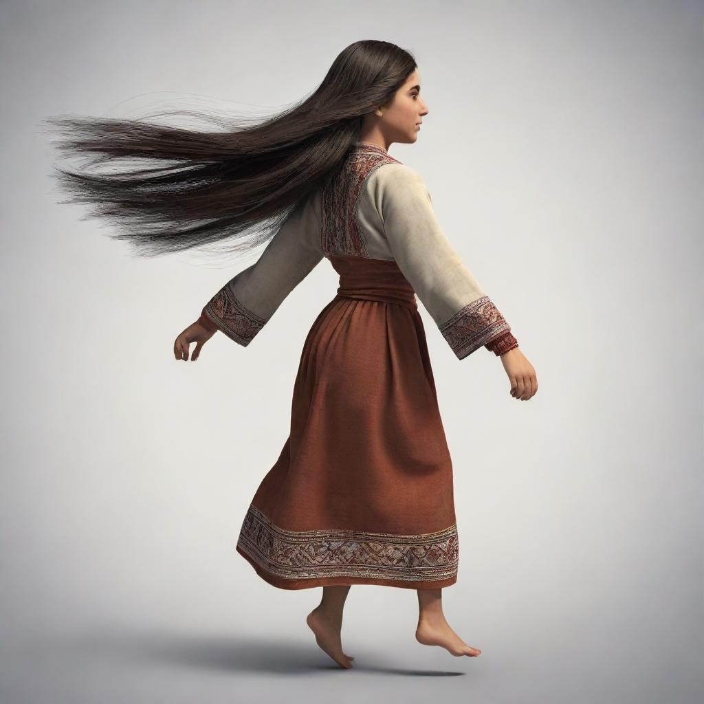 An animated depiction of a young Armenian girl with traditional clothing, viewed from behind, with her hair flowing due to her running speed.