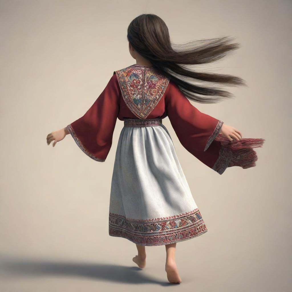 An animated depiction of a young Armenian girl with traditional clothing, viewed from behind, with her hair flowing due to her running speed.