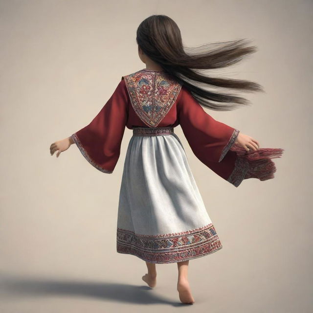 An animated depiction of a young Armenian girl with traditional clothing, viewed from behind, with her hair flowing due to her running speed.