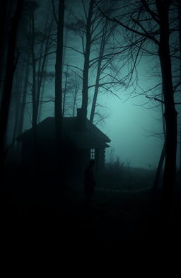 A dark forest shrouded in mystery, featuring a ruined cabin partially obscured by mist and overgrown vegetation, with a foggy lake in the background reflecting the ethereal atmosphere