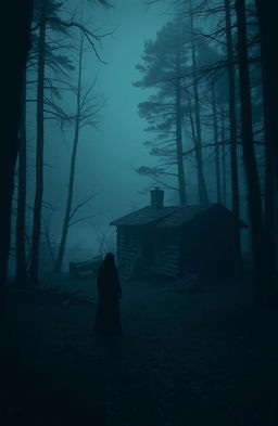 A dark forest shrouded in mystery, featuring a ruined cabin partially obscured by mist and overgrown vegetation, with a foggy lake in the background reflecting the ethereal atmosphere