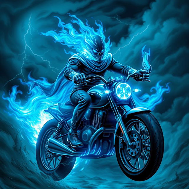 A powerful blue ghost rider character, featuring an ethereal and vibrant blue flame motif