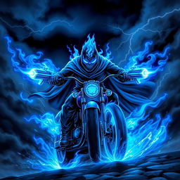 A powerful blue ghost rider character, featuring an ethereal and vibrant blue flame motif