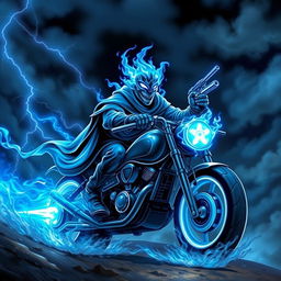 A powerful blue ghost rider character, featuring an ethereal and vibrant blue flame motif