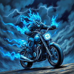 A powerful blue ghost rider character, featuring an ethereal and vibrant blue flame motif