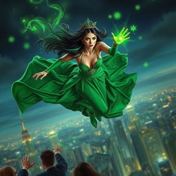 A breathtakingly realistic scene of a woman flying majestically over a city, capturing the attention of people below who are pointing in awe