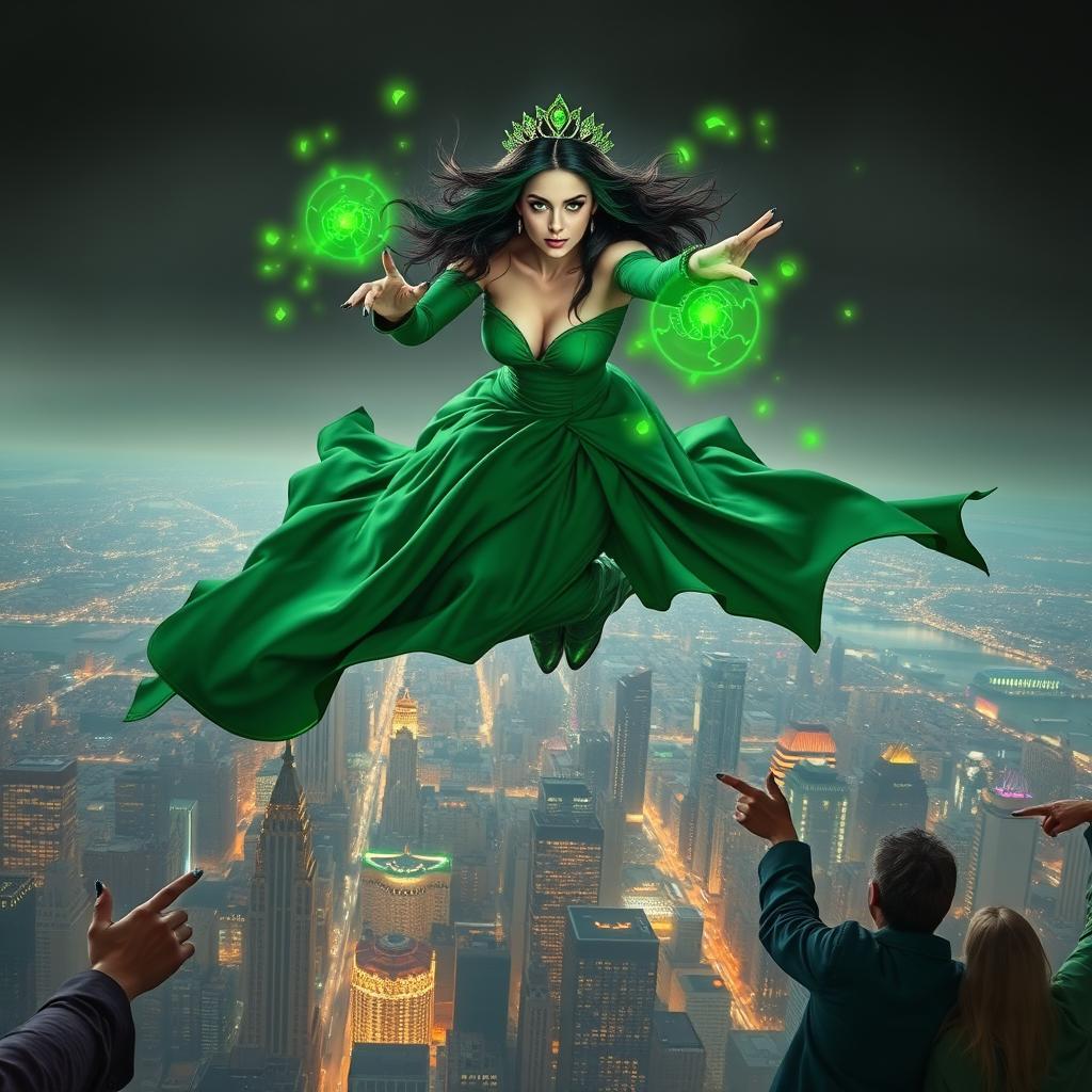 A breathtakingly realistic scene of a woman flying majestically over a city, capturing the attention of people below who are pointing in awe