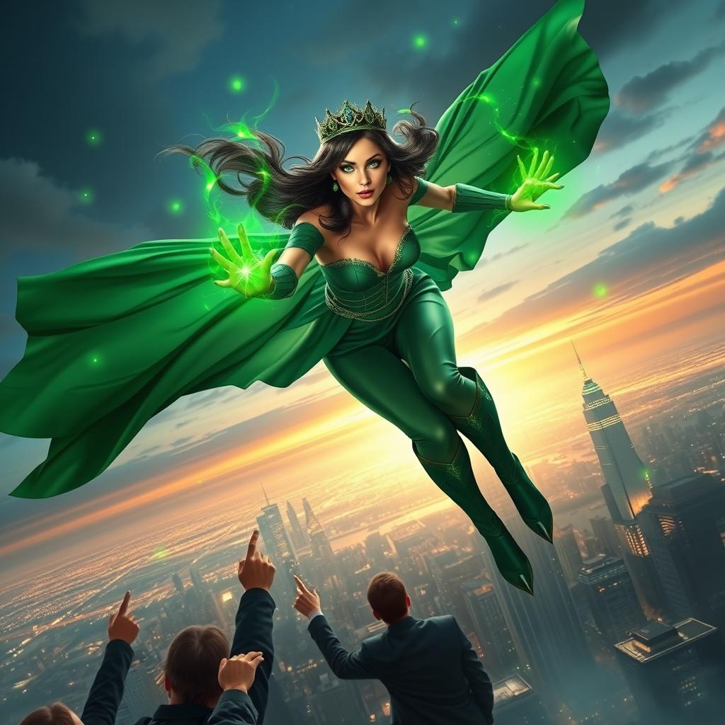 A breathtakingly realistic scene of a woman flying majestically over a city, capturing the attention of people below who are pointing in awe