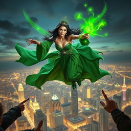 A breathtakingly realistic scene of a woman flying majestically over a city, capturing the attention of people below who are pointing in awe