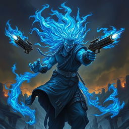 A vivid depiction of a blue ghost rider with an otherworldly presence, wielding two menacing guns