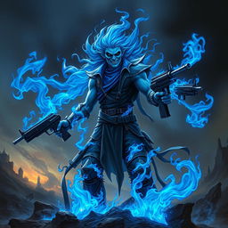 A vivid depiction of a blue ghost rider with an otherworldly presence, wielding two menacing guns