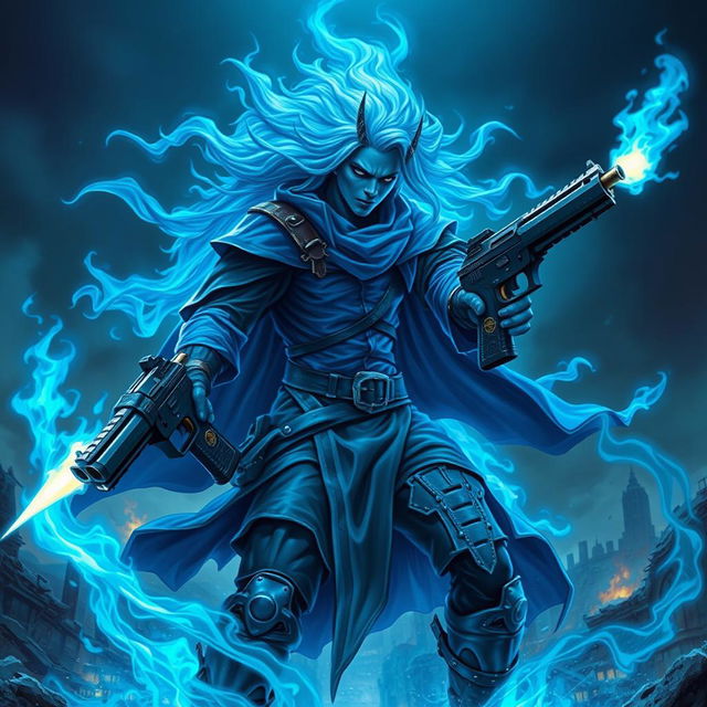 A vivid depiction of a blue ghost rider with an otherworldly presence, wielding two menacing guns