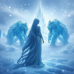 A mesmerizing scene of an ice woman standing majestically in a frozen world, surrounded by glistening ice formations and snowflakes drifting around her