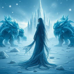 A mesmerizing scene of an ice woman standing majestically in a frozen world, surrounded by glistening ice formations and snowflakes drifting around her