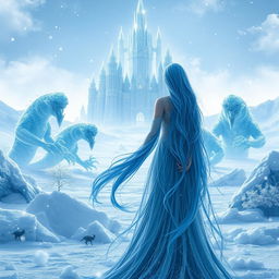 A mesmerizing scene of an ice woman standing majestically in a frozen world, surrounded by glistening ice formations and snowflakes drifting around her