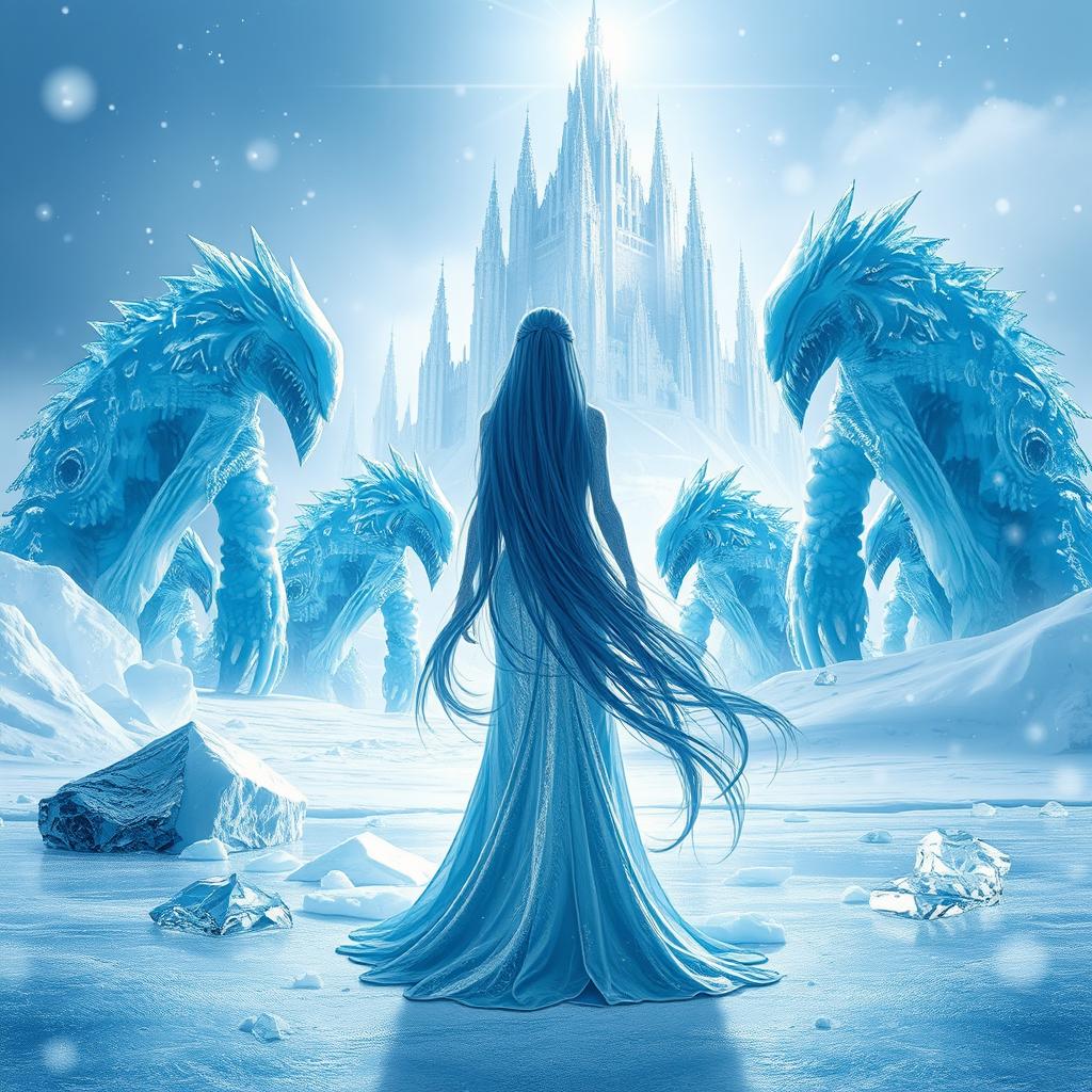 A mesmerizing scene of an ice woman standing majestically in a frozen world, surrounded by glistening ice formations and snowflakes drifting around her