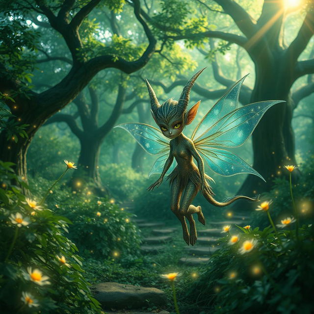 A mystical changeling creature, resembling a fusion of a delicate fairy and an ethereal sprite, flitting through a lush enchanted forest filled with glowing flowers and sparkling forest trails