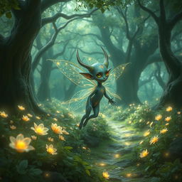 A mystical changeling creature, resembling a fusion of a delicate fairy and an ethereal sprite, flitting through a lush enchanted forest filled with glowing flowers and sparkling forest trails