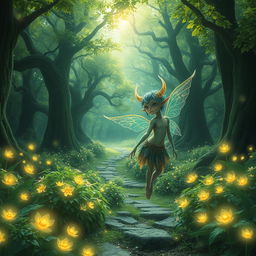 A mystical changeling creature, resembling a fusion of a delicate fairy and an ethereal sprite, flitting through a lush enchanted forest filled with glowing flowers and sparkling forest trails