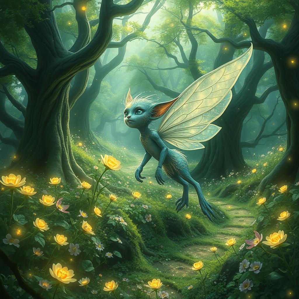 A mystical changeling creature, resembling a fusion of a delicate fairy and an ethereal sprite, flitting through a lush enchanted forest filled with glowing flowers and sparkling forest trails