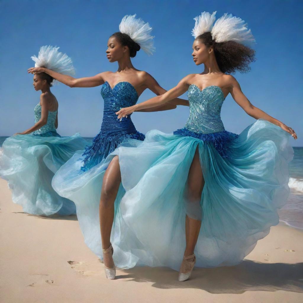 Visualize dynamic dancers dressed in sea-inspired festive costumes. Think flowing fabrics that mimic waves, accessories resembling shells and marine life, with a color palette drawn from the deep blues, vibrant corals, and soft sands of the ocean.