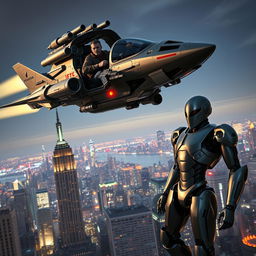 An action-packed scene featuring a man in a futuristic flying ship soaring over a bustling New York City skyline