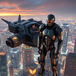 An action-packed scene featuring a man in a futuristic flying ship soaring over a bustling New York City skyline