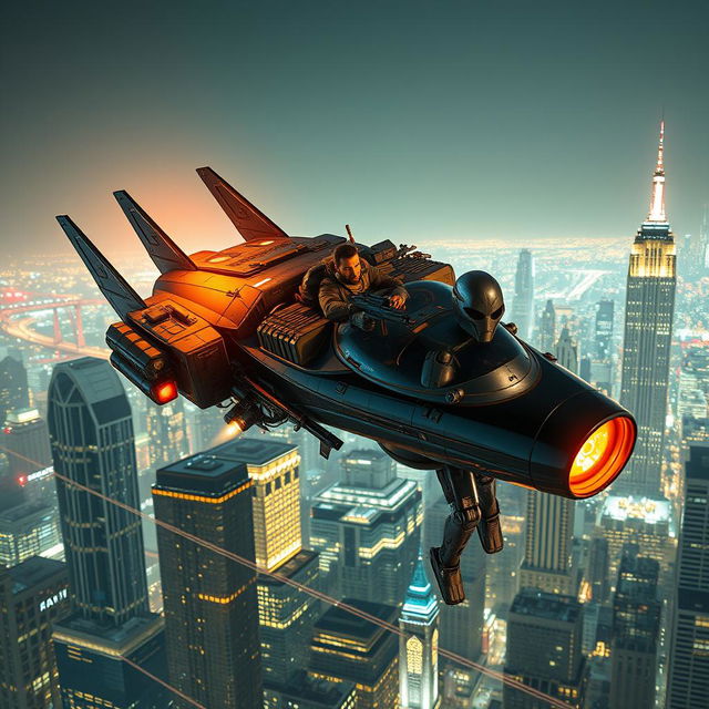 An action-packed scene featuring a man in a futuristic flying ship soaring over a bustling New York City skyline