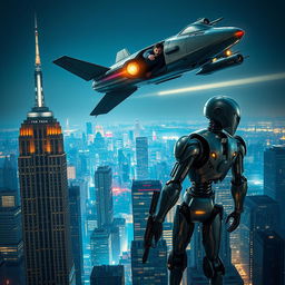 An action-packed scene featuring a man in a futuristic flying ship soaring over a bustling New York City skyline