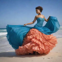 Visualize dynamic dancers dressed in sea-inspired festive costumes. Think flowing fabrics that mimic waves, accessories resembling shells and marine life, with a color palette drawn from the deep blues, vibrant corals, and soft sands of the ocean.