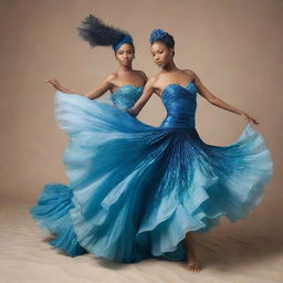 Visualize dynamic dancers dressed in sea-inspired festive costumes. Think flowing fabrics that mimic waves, accessories resembling shells and marine life, with a color palette drawn from the deep blues, vibrant corals, and soft sands of the ocean.