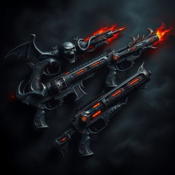 A collection of demonic guns, intricately designed with dark, twisted motifs and fiery accents