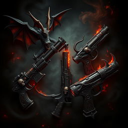 A collection of demonic guns, intricately designed with dark, twisted motifs and fiery accents