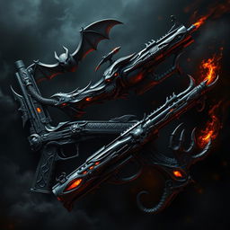 A collection of demonic guns, intricately designed with dark, twisted motifs and fiery accents