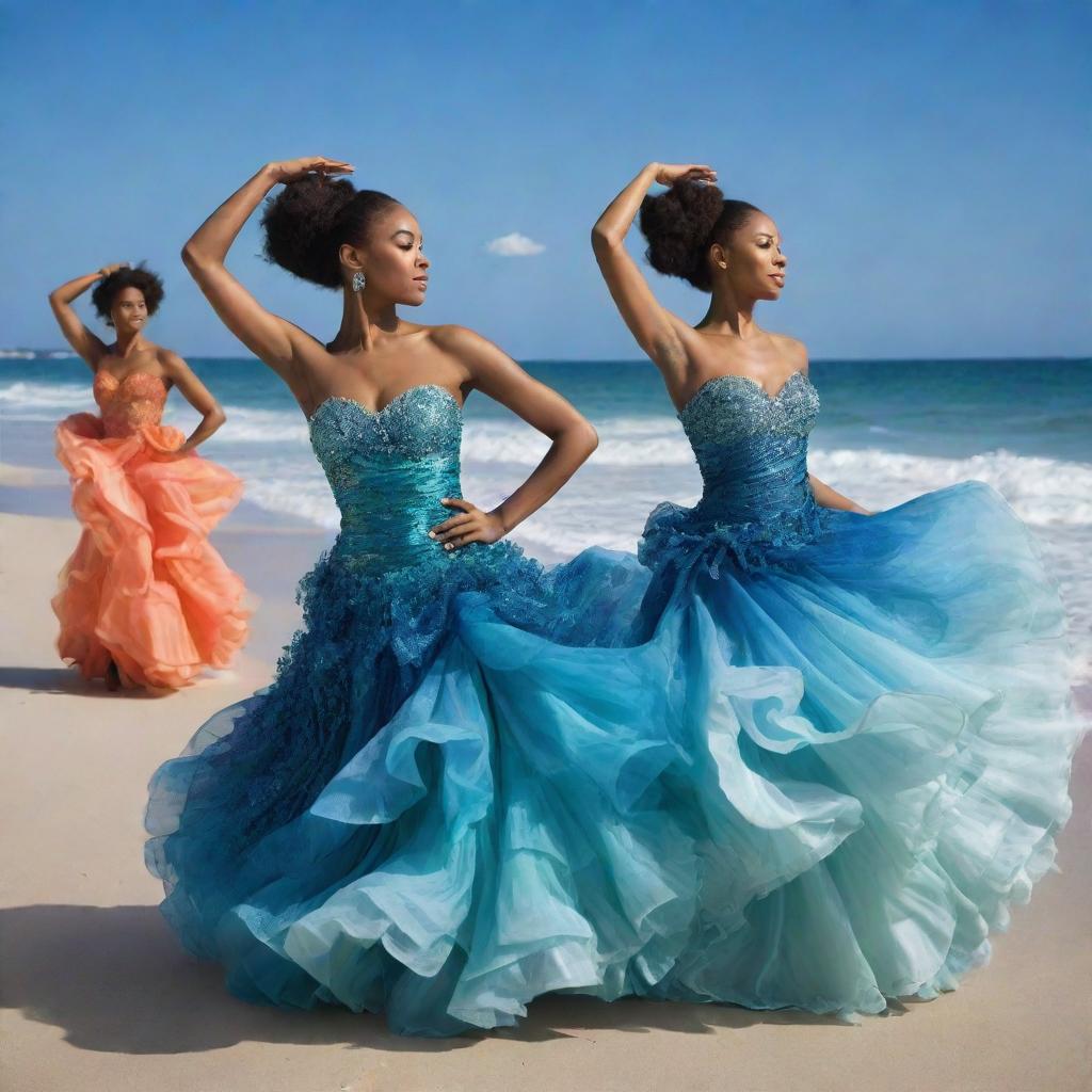 Visualize dynamic dancers dressed in sea-inspired festive costumes. Think flowing fabrics that mimic waves, accessories resembling shells and marine life, with a color palette drawn from the deep blues, vibrant corals, and soft sands of the ocean.