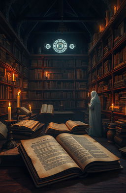 An intricate and atmospheric scene depicting an ancient, ornate library filled with dusty books and scrolls, each representing a different tale of deception and untold truths