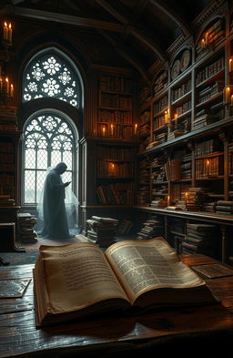 An intricate and atmospheric scene depicting an ancient, ornate library filled with dusty books and scrolls, each representing a different tale of deception and untold truths