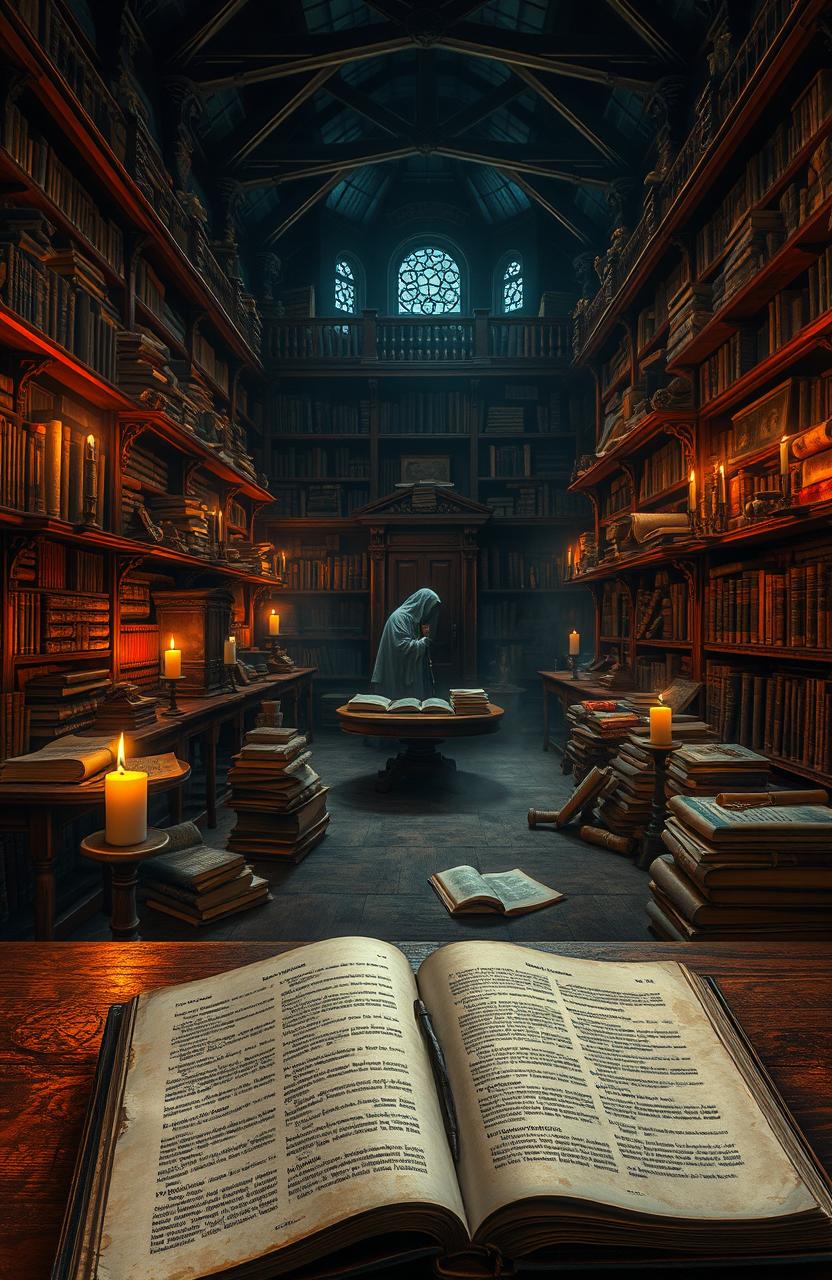 An intricate and atmospheric scene depicting an ancient, ornate library filled with dusty books and scrolls, each representing a different tale of deception and untold truths