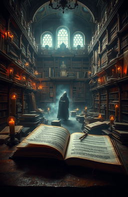 An intricate and atmospheric scene depicting an ancient, ornate library filled with dusty books and scrolls, each representing a different tale of deception and untold truths