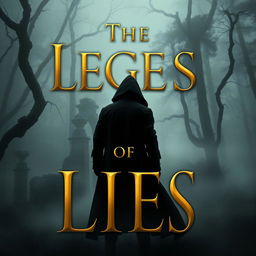 A book cover for 'The Legacy of Lies', featuring a mysterious, shadowy figure standing in the foreground with a fog-drenched forest in the background