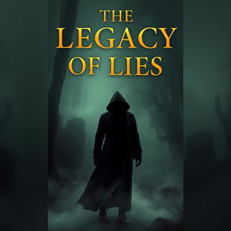 A book cover for 'The Legacy of Lies', featuring a mysterious, shadowy figure standing in the foreground with a fog-drenched forest in the background