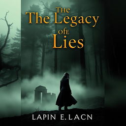 A book cover for 'The Legacy of Lies', featuring a mysterious, shadowy figure standing in the foreground with a fog-drenched forest in the background