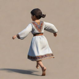 An animated depiction of a young Armenian girl with traditional clothing and short hair, viewed from behind, running swiftly.