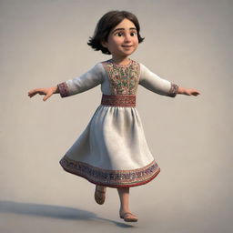 An animated depiction of a young Armenian girl with traditional clothing and short hair, viewed from behind, running swiftly.