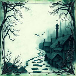 A picturesque village art document design featuring dark fantasy elements