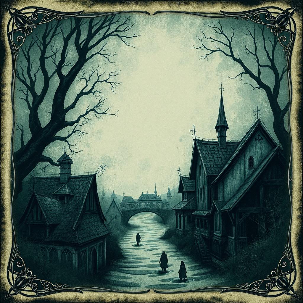 A picturesque village art document design featuring dark fantasy elements