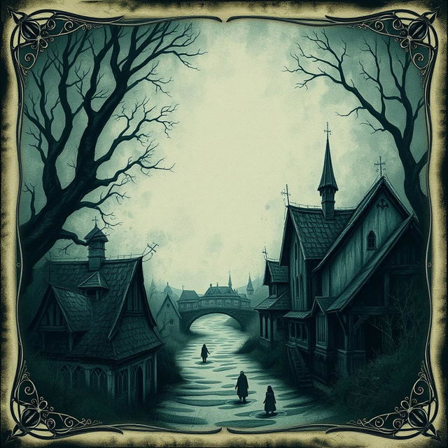 A picturesque village art document design featuring dark fantasy elements